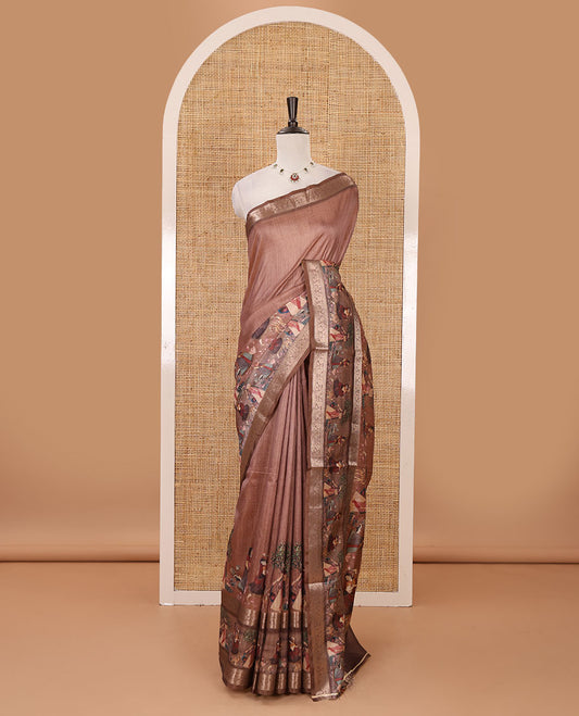Rust ancient human motifs printed semi-tussar saree, traditional rettai pettu border of human motifs print, printed pallu & running blouse