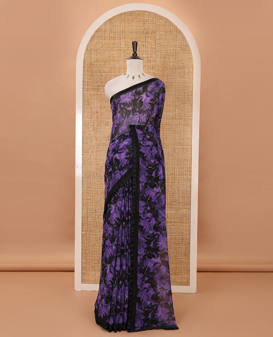 Black-violet floral digital printed georgette saree, satin lace plain border & black plain blouse