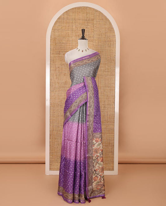 Violet  3D-dying with bandhani printed design kota saree , self printed border , radhe and kalamkari style printed pallu & contrast printed blouse