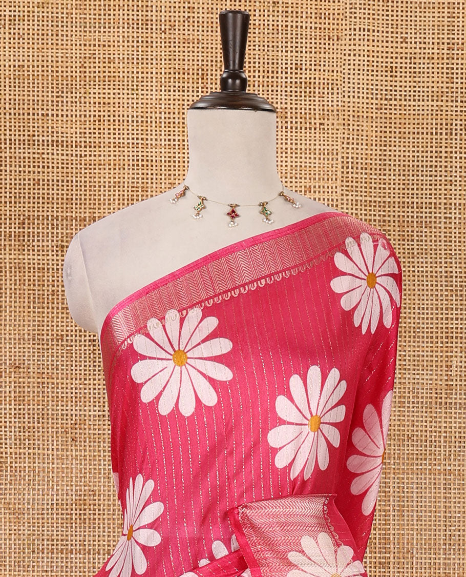 Pink zari striped & sunflower motifs printed dola silk saree, traditional zari border, ikkat printed pallu & printed blouse