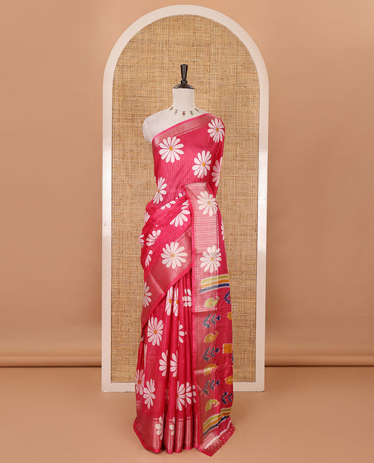 Pink zari striped & sunflower motifs printed dola silk saree, traditional zari border, ikkat printed pallu & printed blouse
