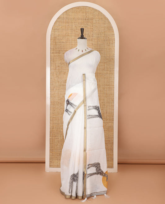White plain & giraffe motifs printed linen cotton saree, zari piping border, giraffe printed pallu & vertical striped blouse