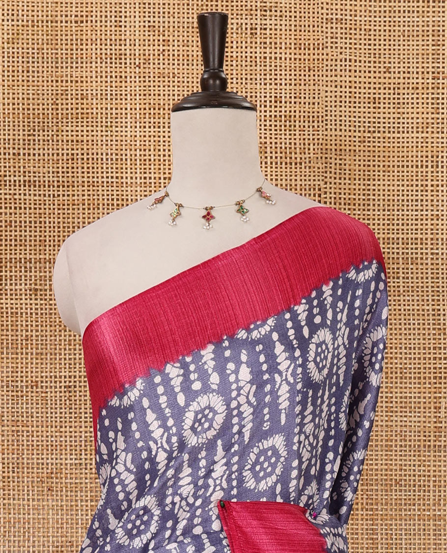 Grey batik-style printed khadi cotton saree, contrast plain border, patola printed pallu & contrast plain blouse
