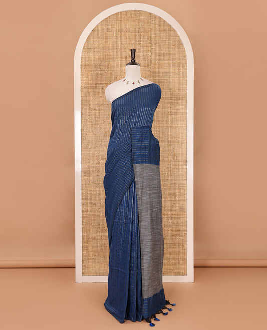 Borderless blue vertical striped khadi cotton saree, contrast grey plain pallu & matching plain blouse