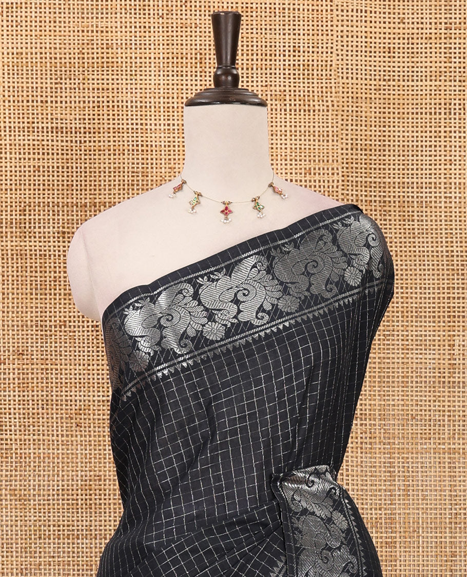 Black zari checked Sungudi cotton saree, zari annam motifs woven border, zari striped pallu & contrast zari checked blouse