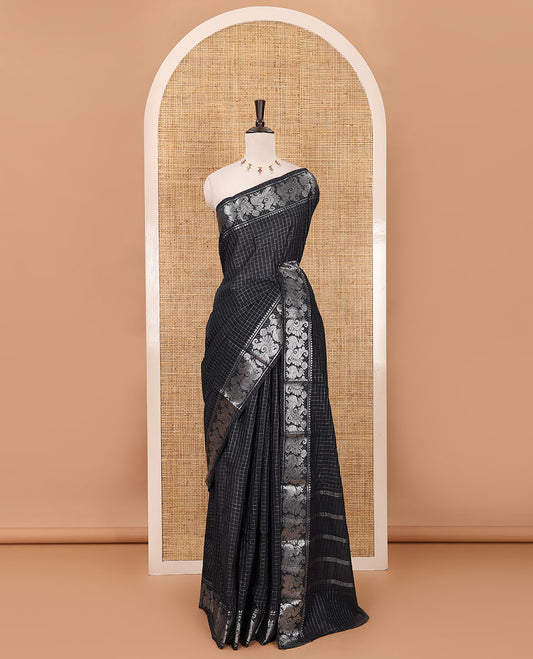 Black zari checked Sungudi cotton saree, zari annam motifs woven border, zari striped pallu & contrast zari checked blouse