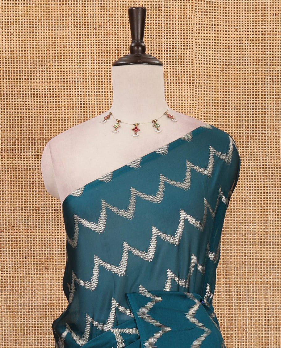 Borderless peacock green zig-zag stripes foil printed rangoli saree, running blouse