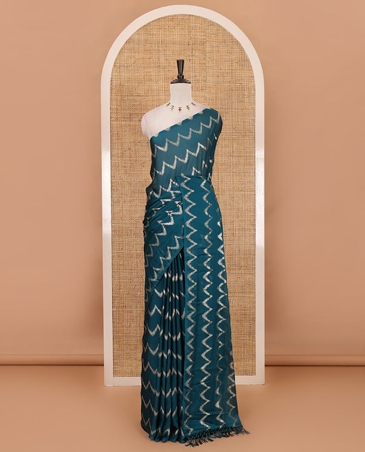 Borderless peacock green zig-zag stripes foil printed rangoli saree, running blouse