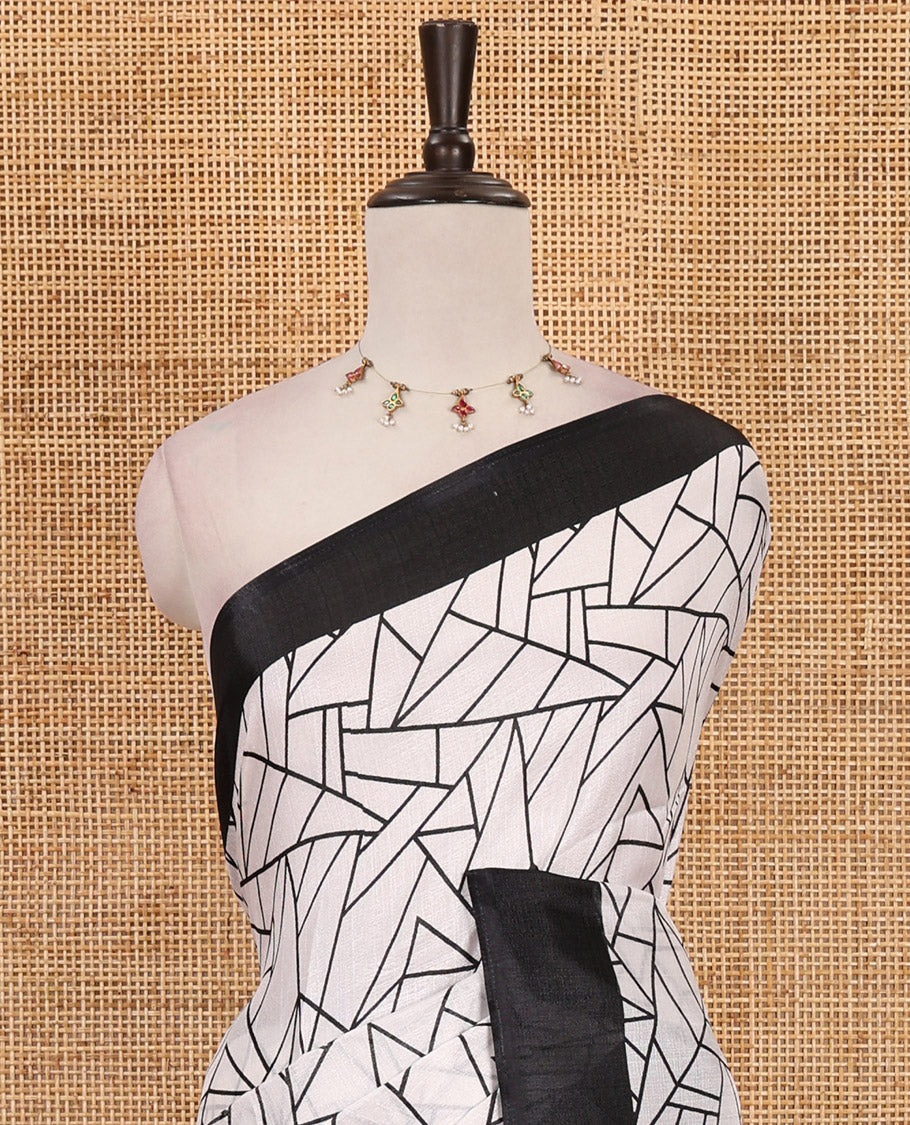 White geometric patterned khadi cotton saree, contrast black plain border & intricately printed pallu