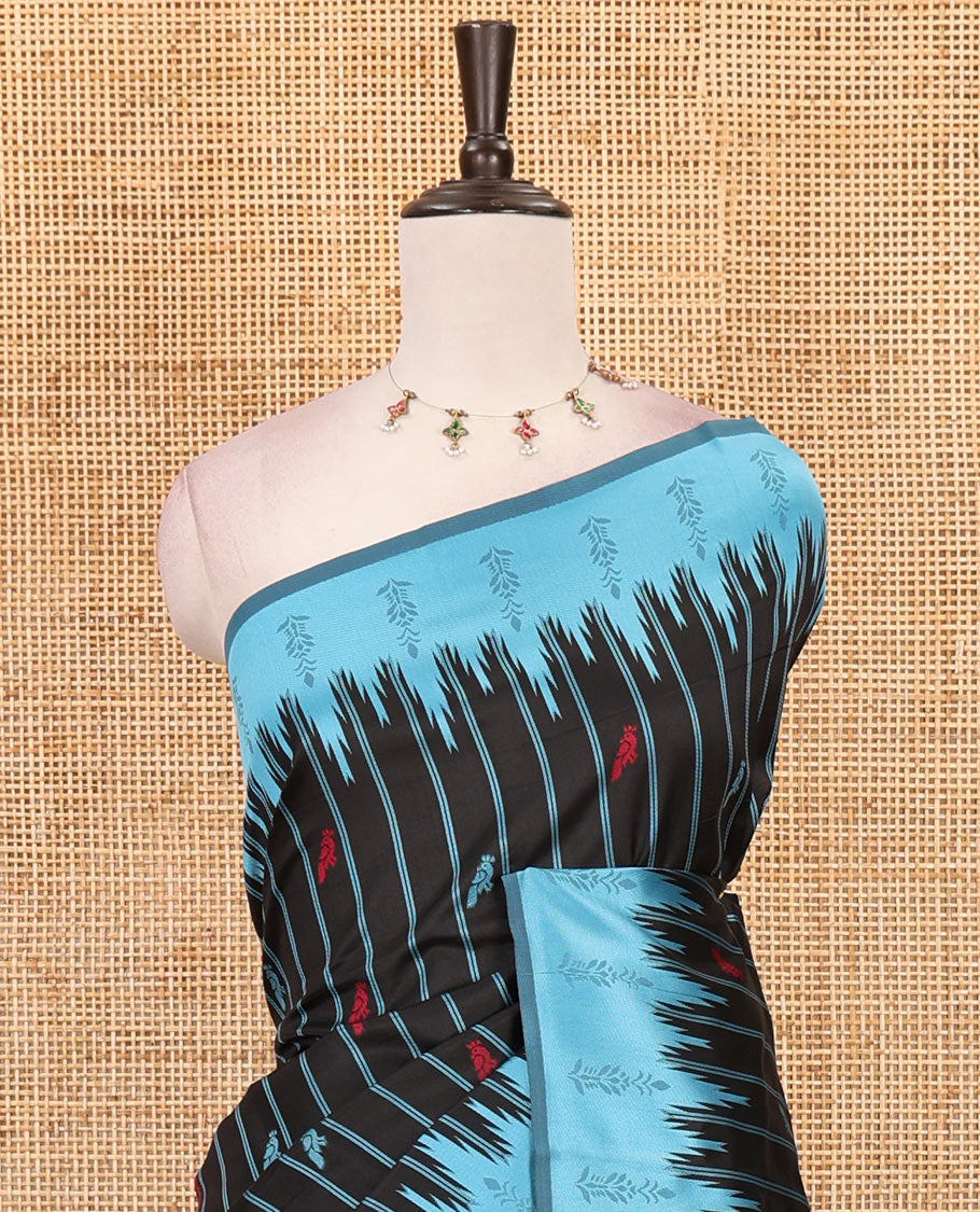 Black vertical striped & parrot motifs kanchi silk saree, contrast satin temple border, zari-rich jaal pallu & contrast zari design blouse