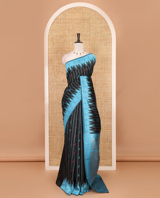 Black vertical striped & parrot motifs kanchi silk saree, contrast satin temple border, zari-rich jaal pallu & contrast zari design blouse