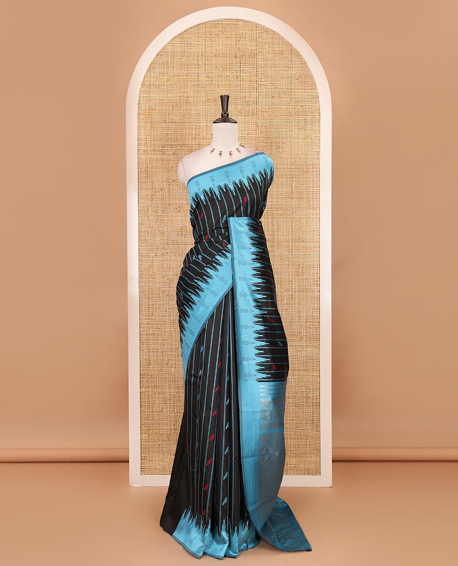 Black vertical striped & parrot motifs kanchi silk saree, contrast satin temple border, zari-rich jaal pallu & contrast zari design blouse