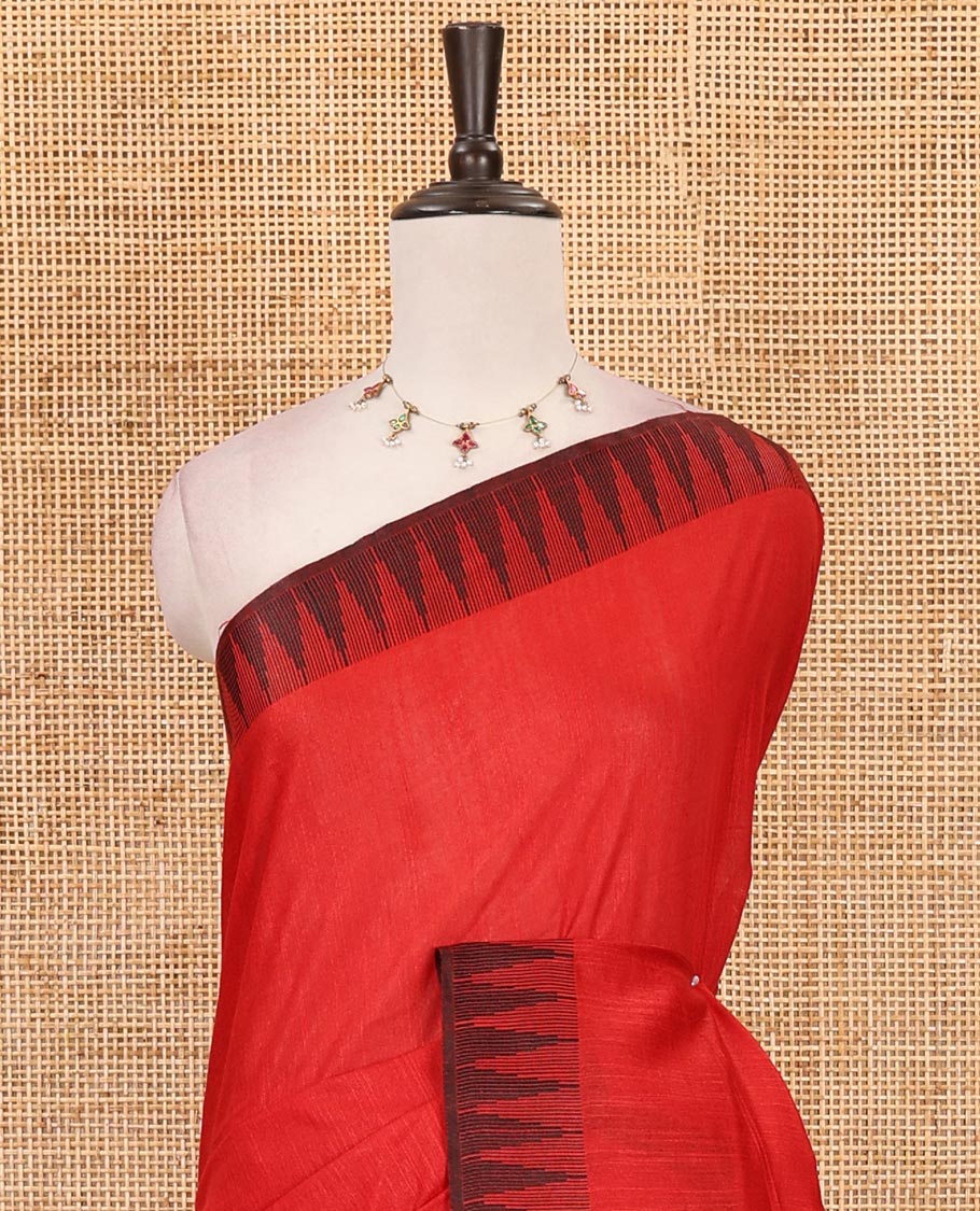 Red plain stable staple cotton, contrast temple border, striped pallu & vertical striped blouse