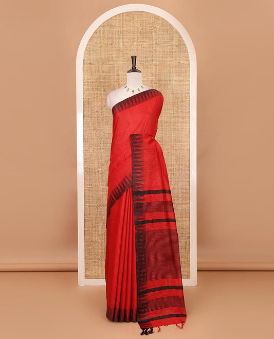 Red plain stable staple cotton, contrast temple border, striped pallu & vertical striped blouse