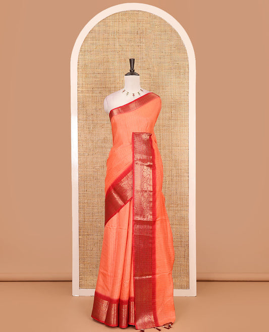 Orange gold zari vertical striped dola silk saree, contrast traditional zari border of manga design, striped pallu & contrast diamond design blouse