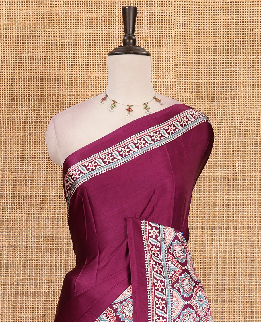 Purple plain gajji silk saree with ajrak printed border, ajrak printed geometric pallu, and printed blouse