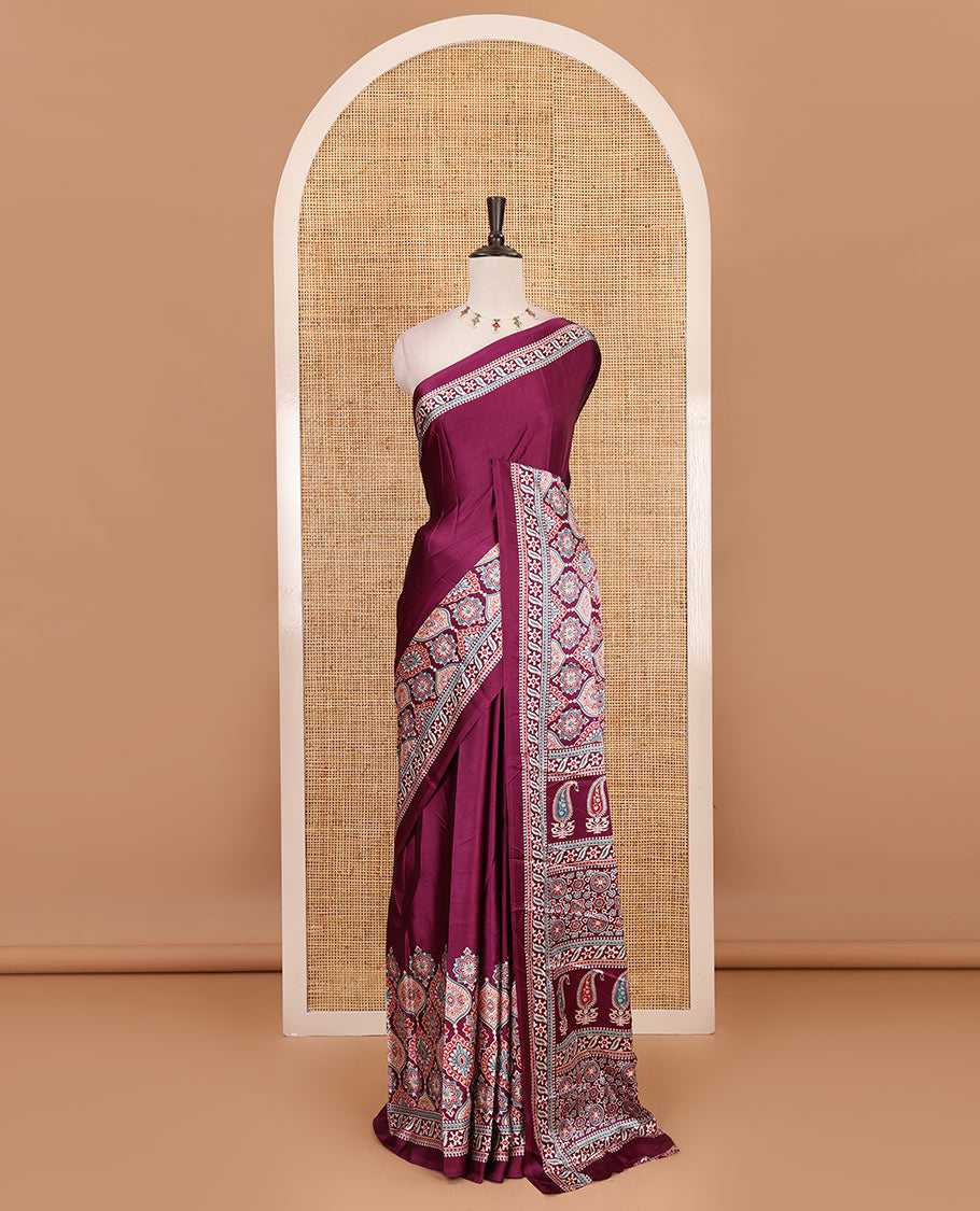 Purple plain gajji silk saree with ajrak printed border, ajrak printed geometric pallu, and printed blouse