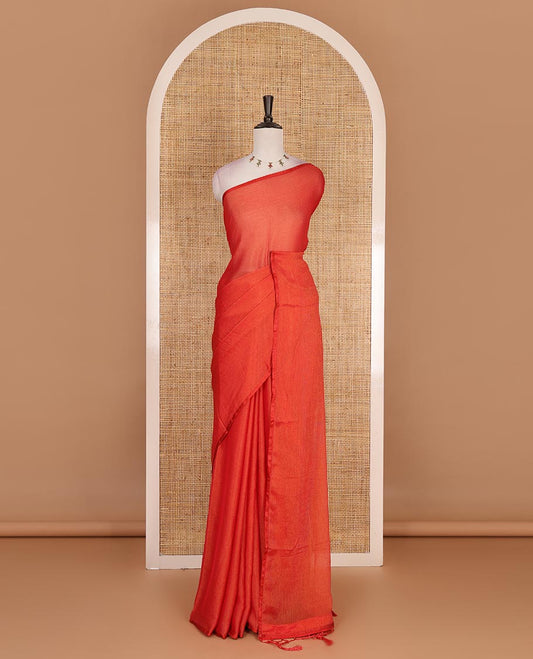 Borderless red plain design viscose saree, flower motifs printed matching blouse