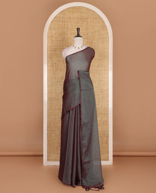 Borderless dark grey plain design viscose saree, flower motifs printed matching blouse