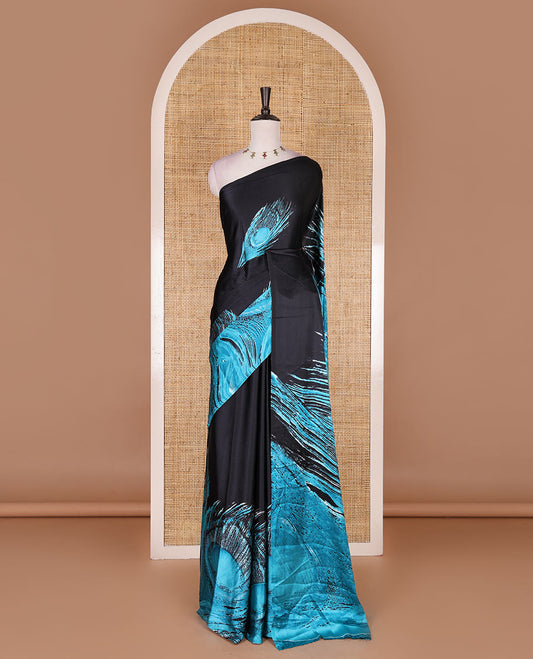 Borderless black and blue  peacock feather-like abstract printed satin crepe saree, peacock feather-like abstract print pallu, and abstract print blouse
