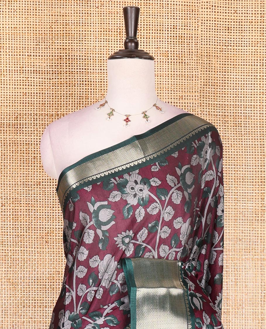 Purple Kalamkari floral vine and peacock printed dola silk saree, contrast traditional zari border, peacock printed pallu, and floral vine print blouse