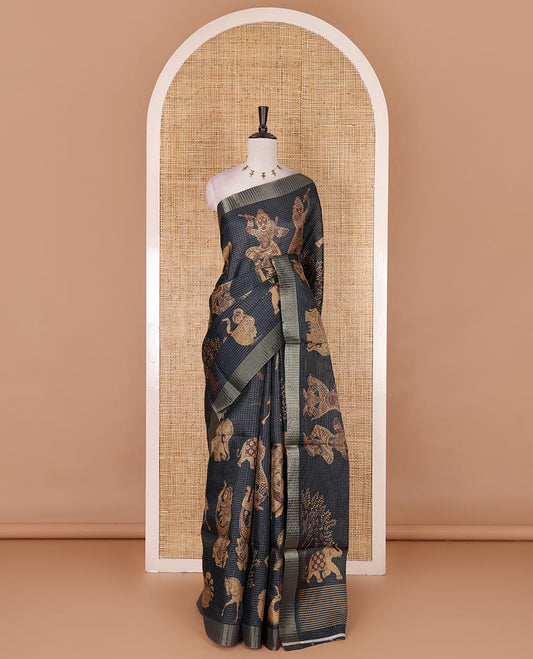 Black zari checked with kalamkari animal-ancient human figurines printed semi-tussar saree, bavanji border, striped pallu, and checked blouse with prints
