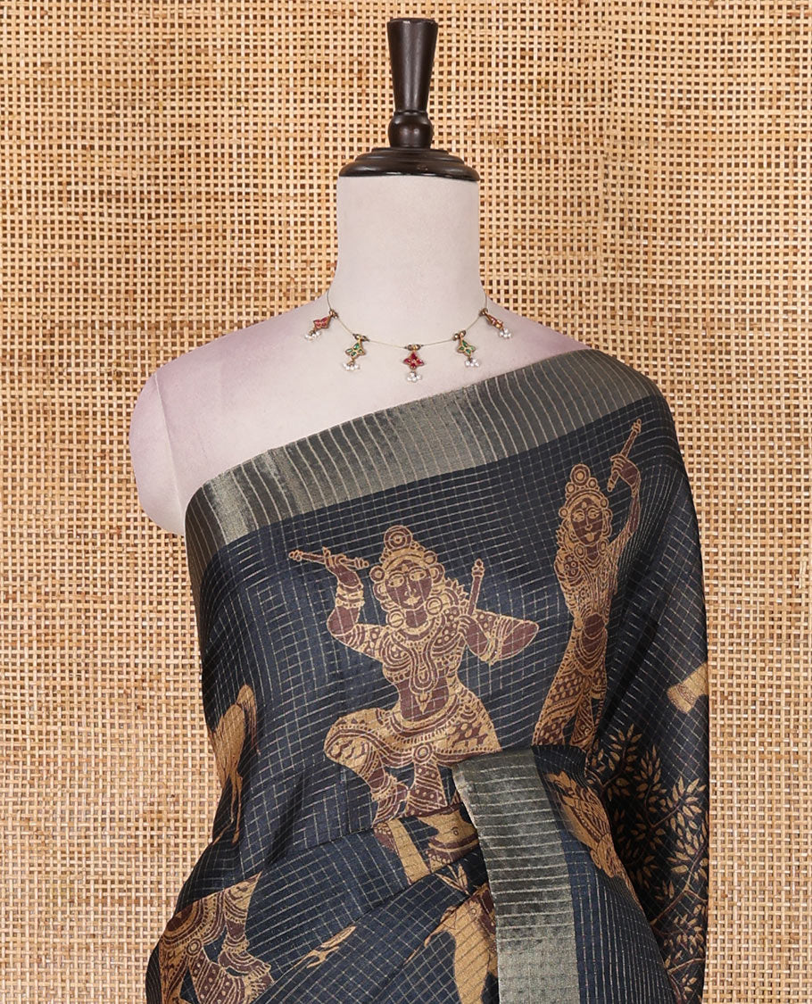 Black zari checked with kalamkari animal-ancient human figurines printed semi-tussar saree, bavanji border, striped pallu, and checked blouse with prints