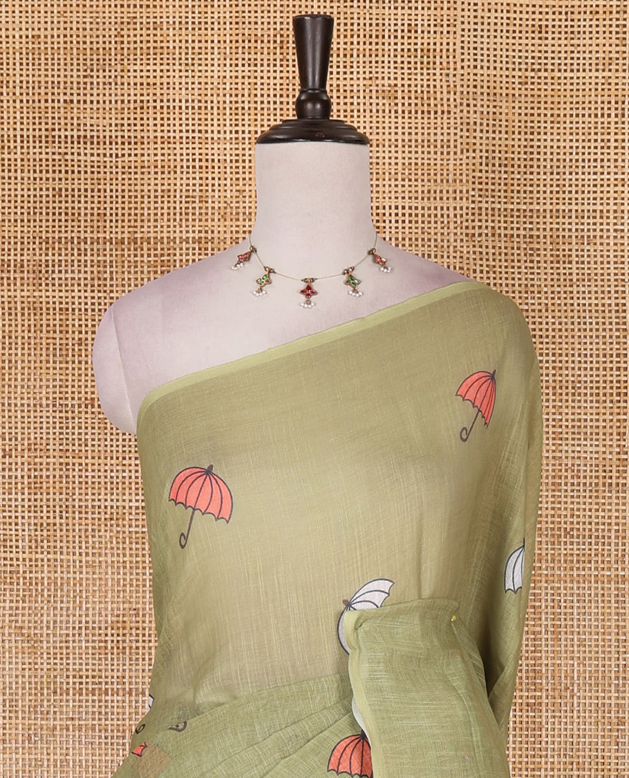 Borderless Olive green umbrella motifs printed linen cotton saree, self-pallu of big umbrella motifs and contrast blouse