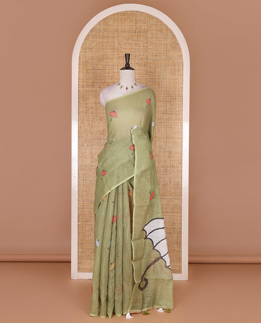 Borderless Olive green umbrella motifs printed linen cotton saree, self-pallu of big umbrella motifs and contrast blouse