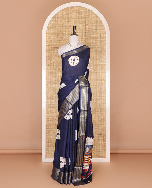 Navy blue shibori printed dola silk saree, traditional zari border, printed pallu, and blouse of print, and zari work