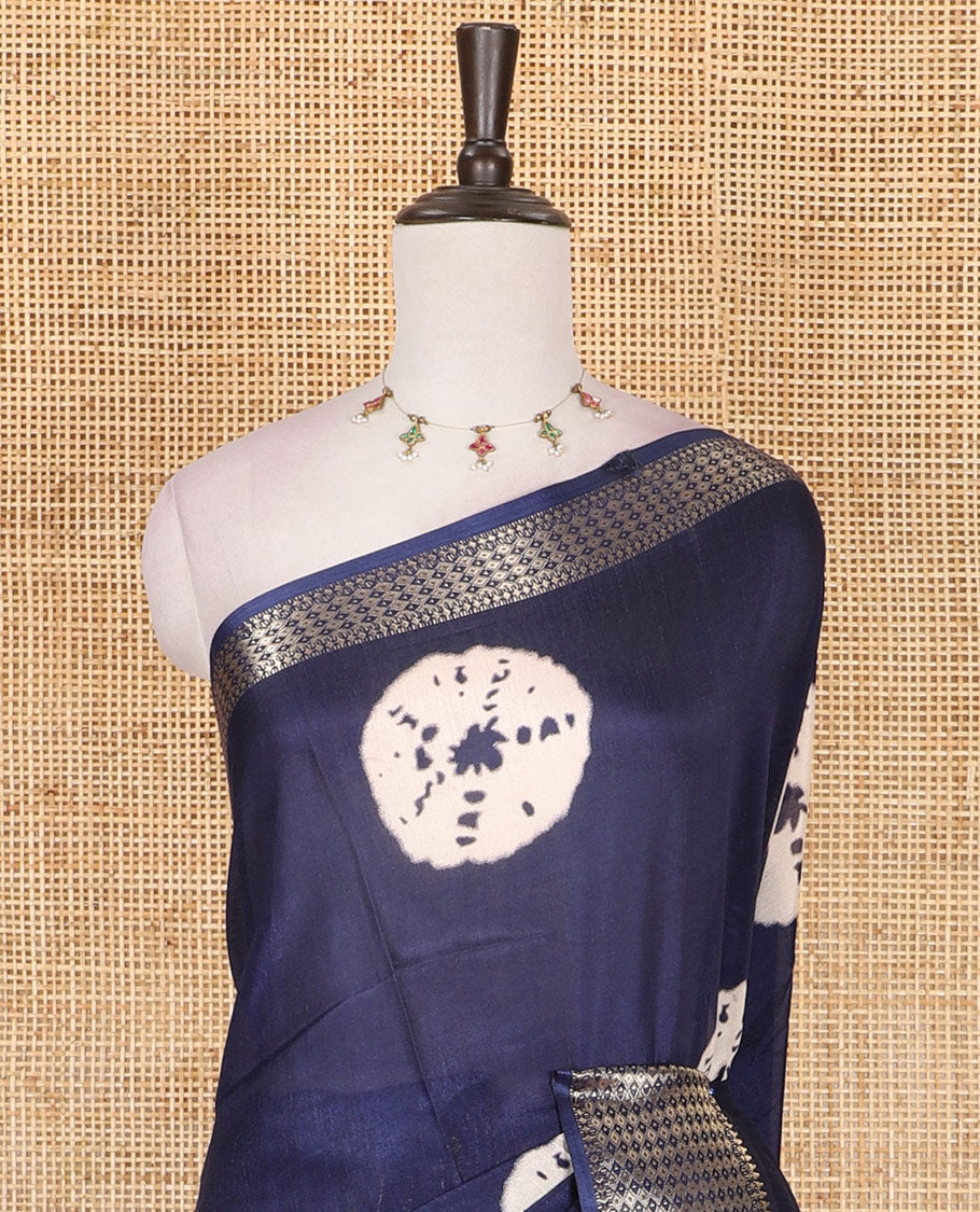 Navy blue shibori printed dola silk saree, traditional zari border, printed pallu, and blouse of print, and zari work