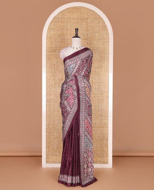 Purple kaleidoscopic colored Mughal style motifs printed with mirrorwork masakali saree, printed border, print with mirror work pallu, and a matching blouse