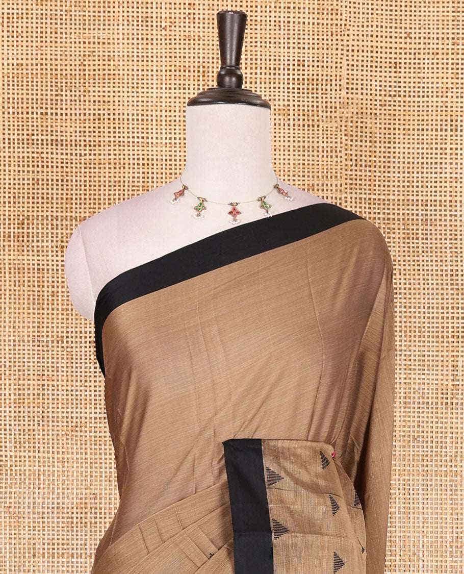 Chikku triangle motifs mercerised cotton saree, contrast plain border, striped pallu, and matching triangle motifs blouse