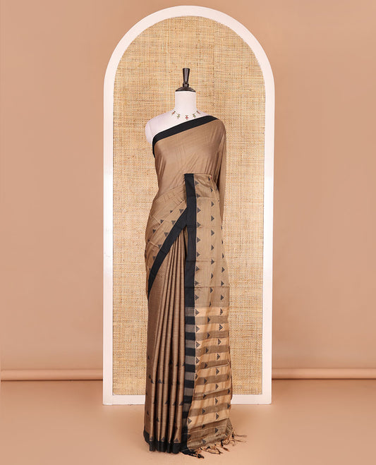 Chikku triangle motifs mercerised cotton saree, contrast plain border, striped pallu, and matching triangle motifs blouse