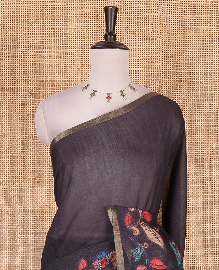 Black-orange kalamkari floral vine, and peacock printed linen cotton saree, piping border, kalamkari printed pallu, and contrast striped pallu