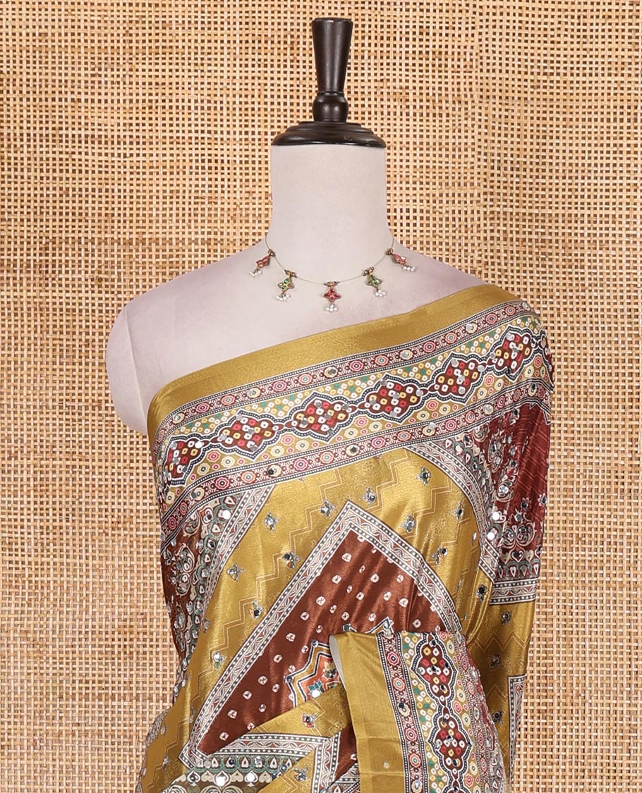 Mustard bandhani dots, geometric print, and mirrorwork masakali saree, printed border, printed and mirrorwork pallu, and a matching printed blouse