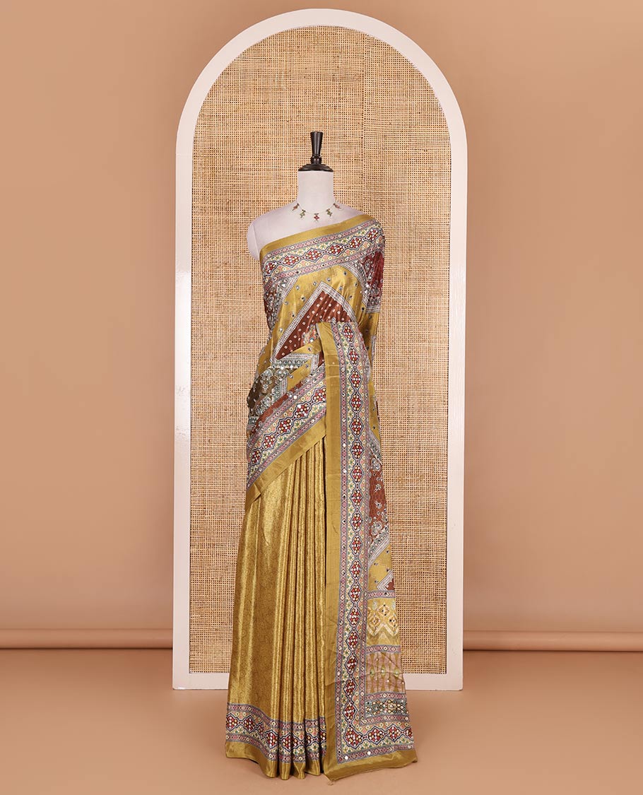 Mustard bandhani dots, geometric print, and mirrorwork masakali saree, printed border, printed and mirrorwork pallu, and a matching printed blouse