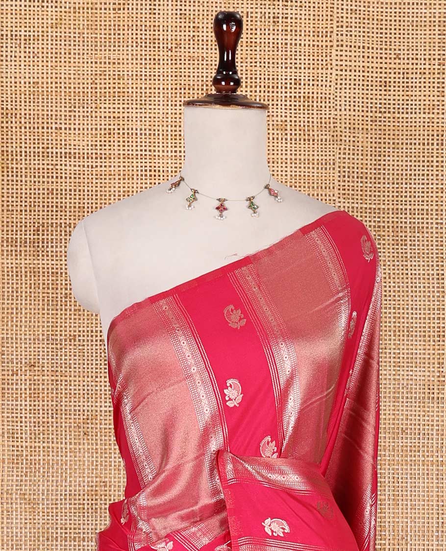 Borderless pink traditional zari motifs steeped elite soft silk saree, floral jaal pallu, and matching zari buttas woven blouse