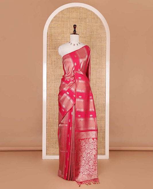 Borderless pink traditional zari motifs steeped elite soft silk saree, floral jaal pallu, and matching zari buttas woven blouse