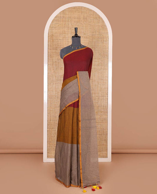 Borderless brown tri-ombre-colored plain khadi mul cotton saree with self-pallu, multi-colored tassels and a matching blouse