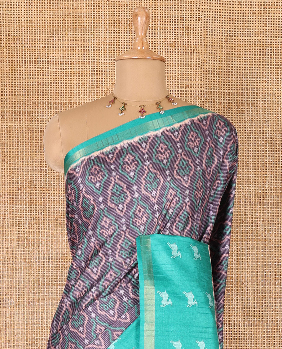Grey and blue Pochampally ikkat printed katan silk saree, contrast deer motifs printed zari border, jaal printed pallu, and contrast deer motifs printed blouse