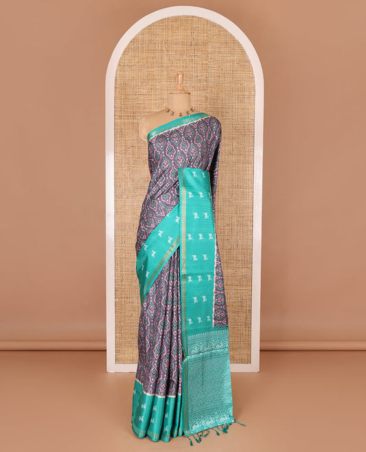 Grey and blue Pochampally ikkat printed katan silk saree, contrast deer motifs printed zari border, jaal printed pallu, and contrast deer motifs printed blouse