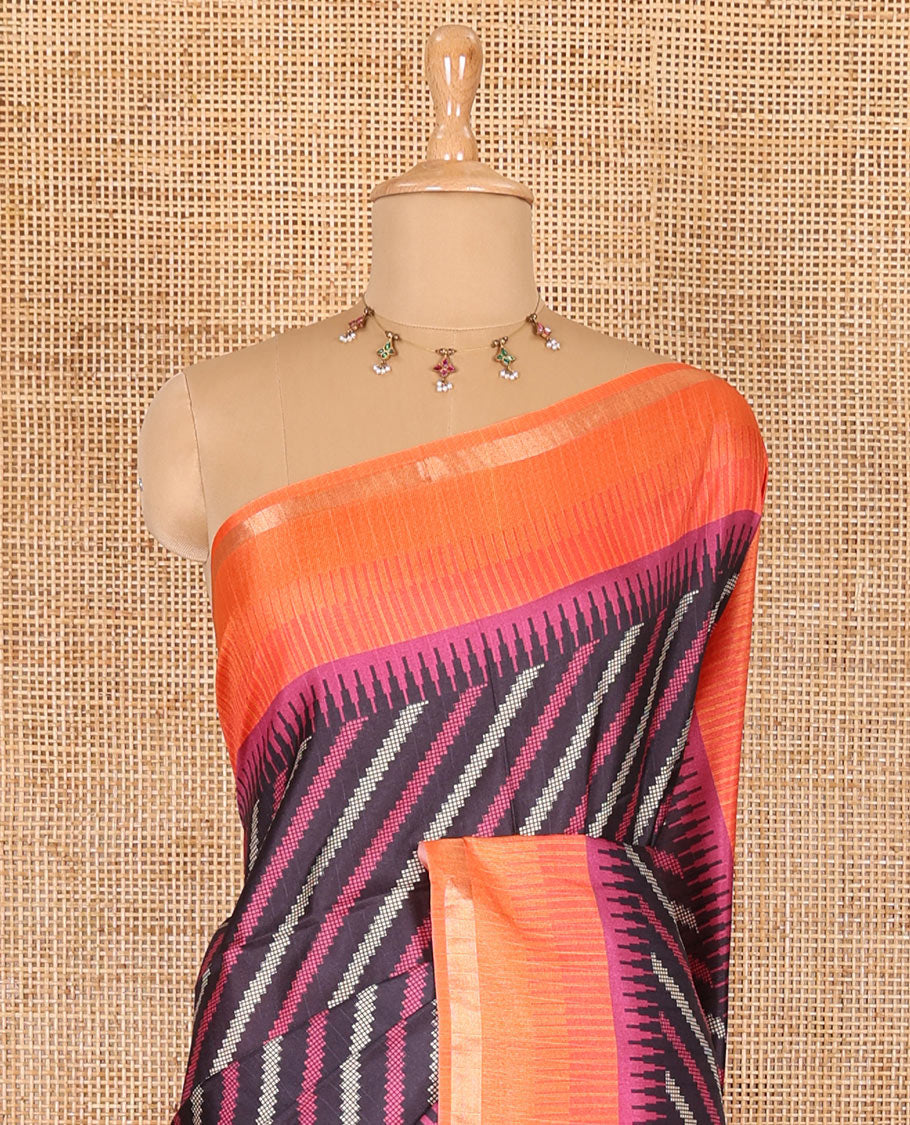 Black leheriya stripes printed katan silk saree, contrast zari piping temple border, temple pallu, and a contrast square buttas printed blouse