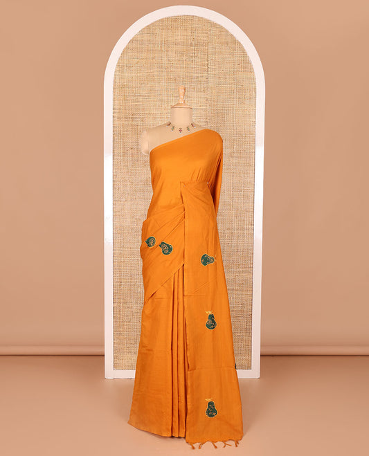 Borderless mustard pear fruit-shaped patchwork South cotton saree with a matching blouse and a contrast paisley vine printed blouse