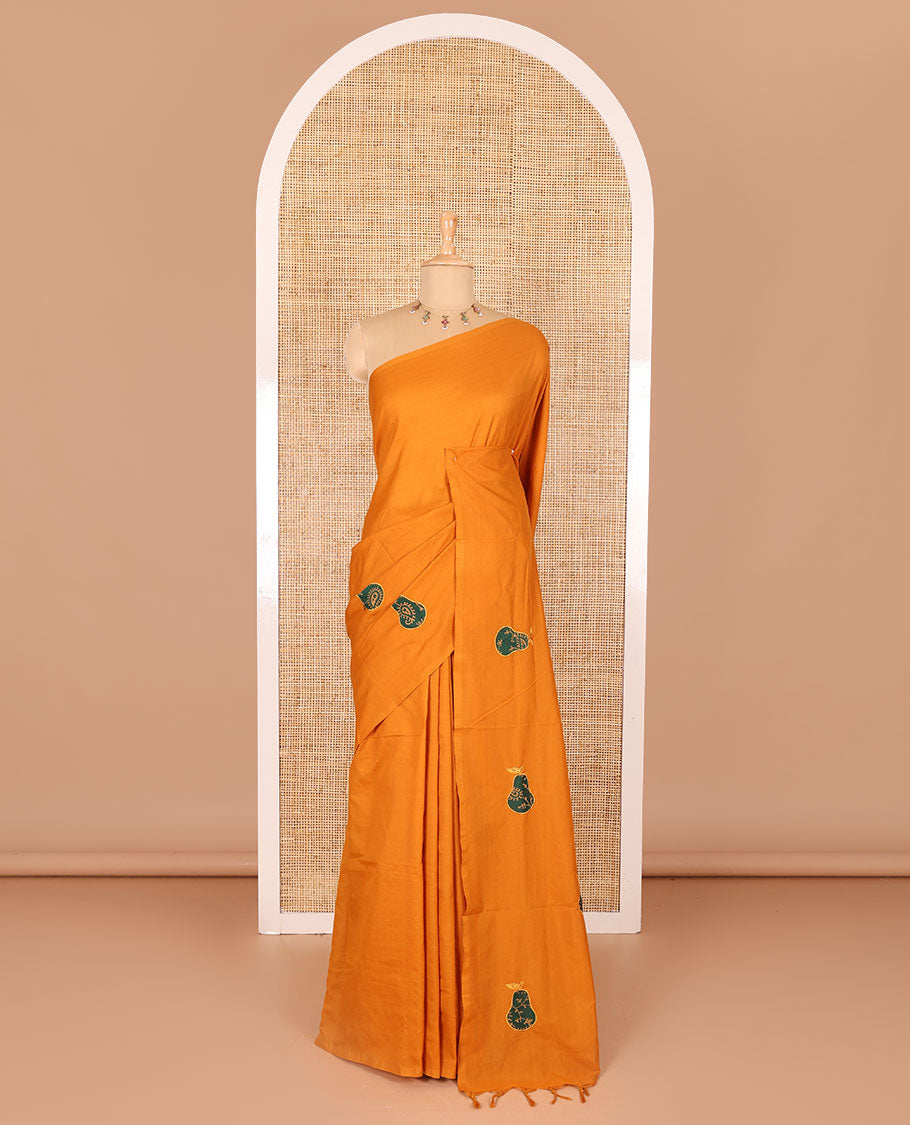 Borderless mustard pear fruit-shaped patchwork South cotton saree with a matching blouse and a contrast paisley vine printed blouse