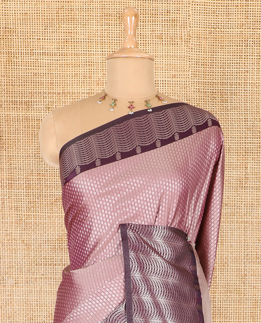 Wine small zari buttas woven elite soft silk saree, contrast zari woven scallop satin border, jaal pallu, and a contrast chakram zari motifs blouse