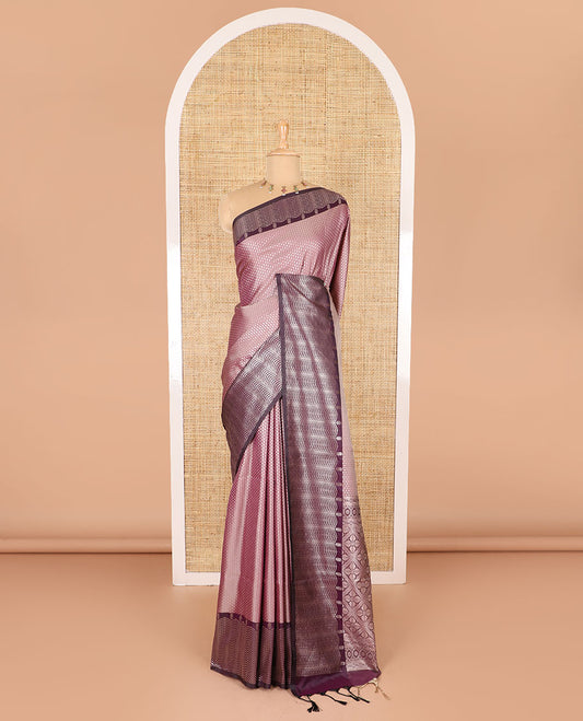 Wine small zari buttas woven elite soft silk saree, contrast zari woven scallop satin border, jaal pallu, and a contrast chakram zari motifs blouse