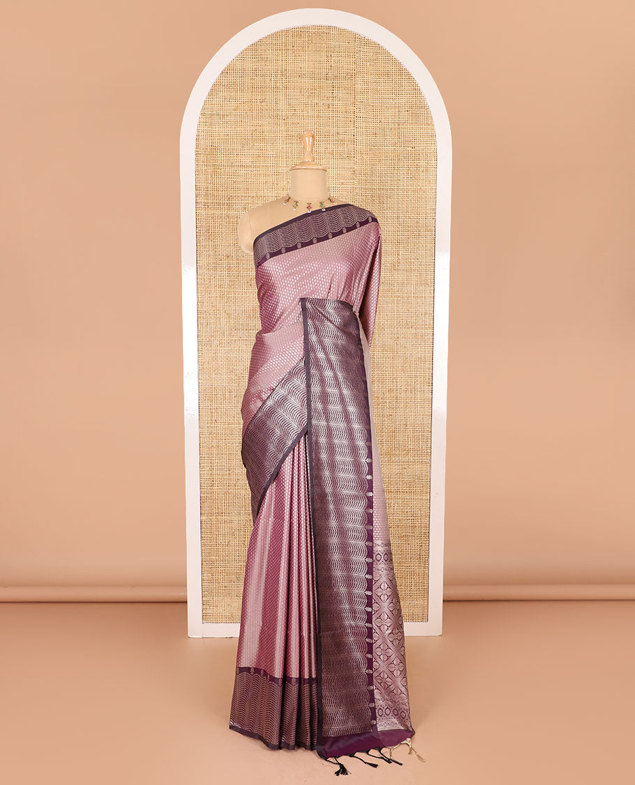 Wine small zari buttas woven elite soft silk saree, contrast zari woven scallop satin border, jaal pallu, and a contrast chakram zari motifs blouse