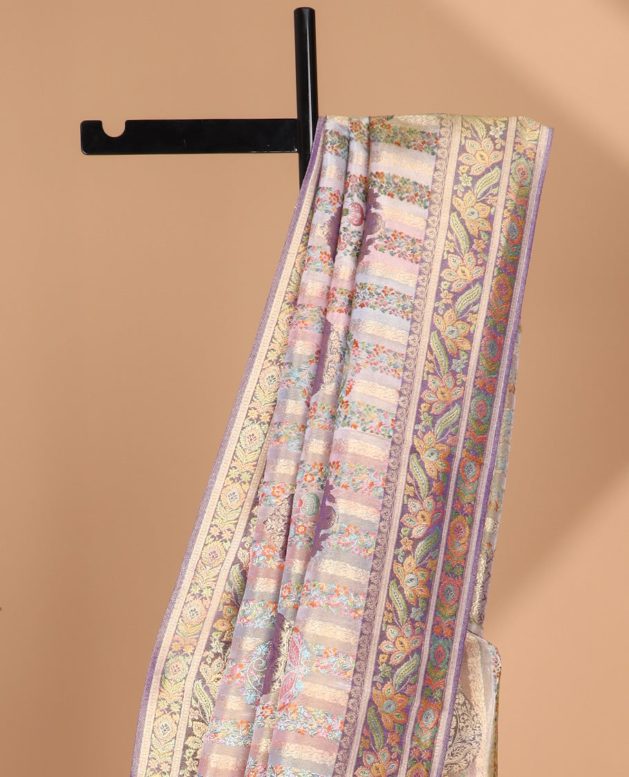 Pink with purple postion print, khahani style, printed zari dola tissue saree, meena border & khahani style rich pallu