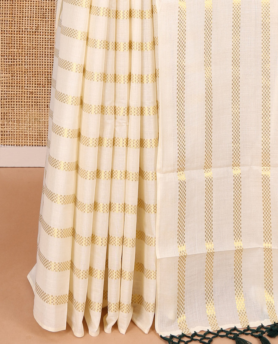 Borderless cream and green horizontal muthu zari striped Kerala cotton saree, self-pallu with tassels, and a matching blouse